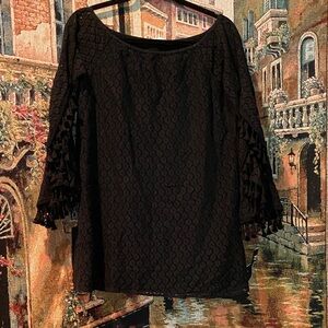 Hot & Delicious Black Lace Blouse with Fringe Sleeves